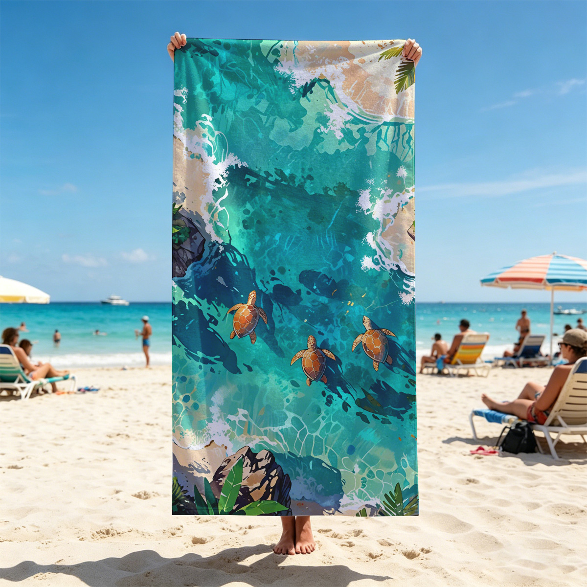 Turtles swimming in crystal-clear tropical waters near sandy shores and palm trees. - Beach towels