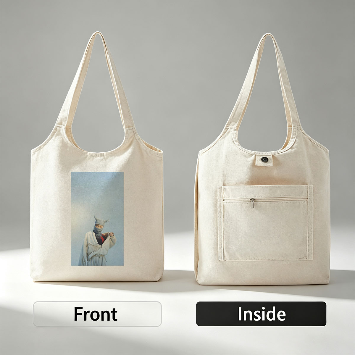Billie Eilish in a whimsical winter scene wearing a horned knit mask and flowing white outfit against a clear blue sky - Canvas shoulder bags/