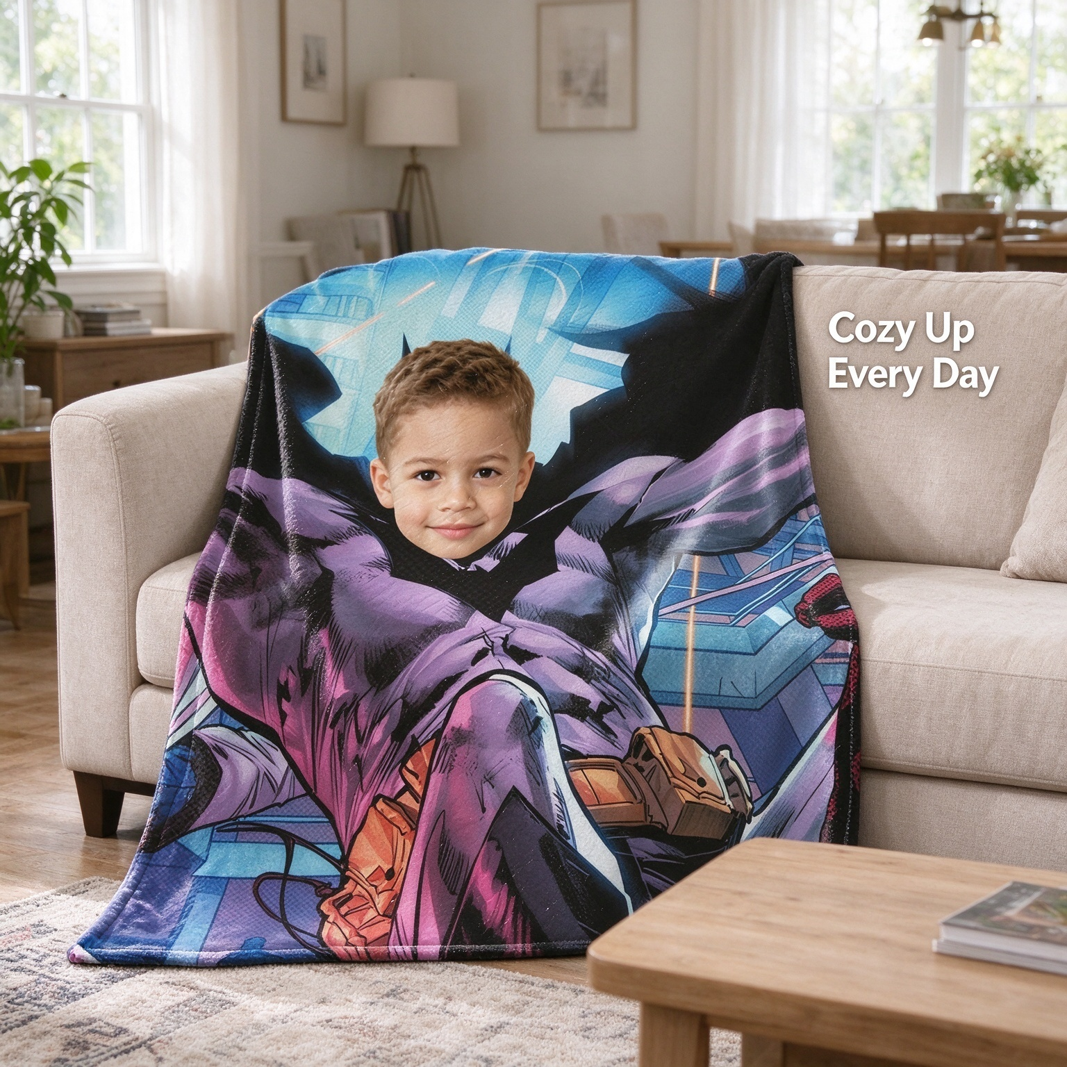 Custom Superhero Face Blanket, Personalized Photo Comic Throw, Ultra Soft Flannel Bed Couch Fleece Blanket Gift