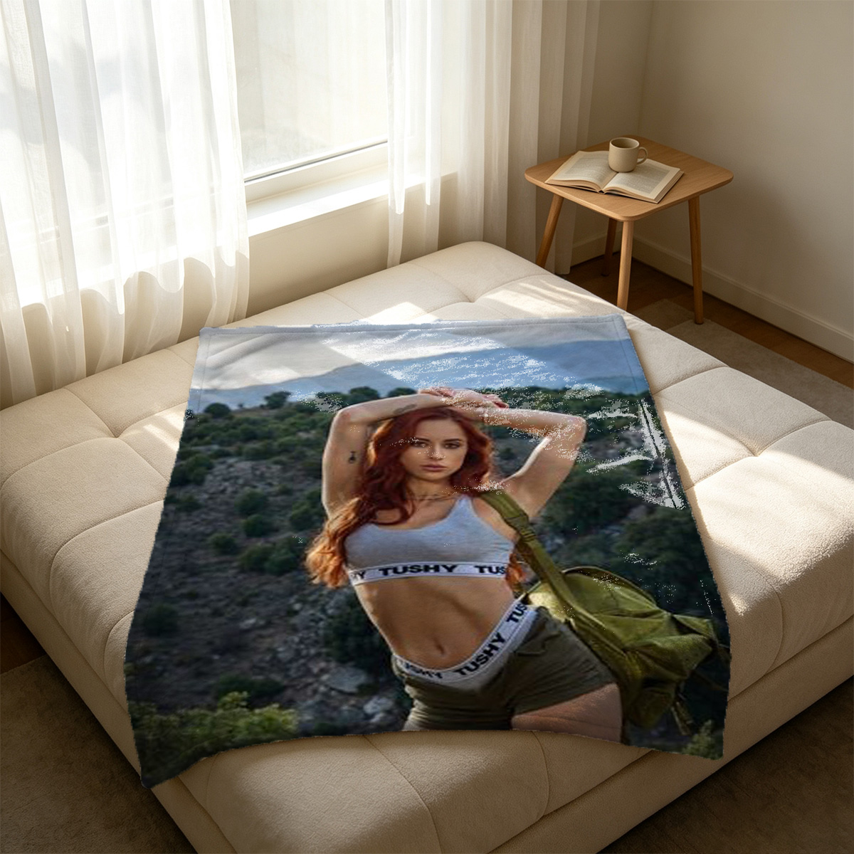 Elegant Redhead in White Ruffled Blouse and Corset - Blanket
