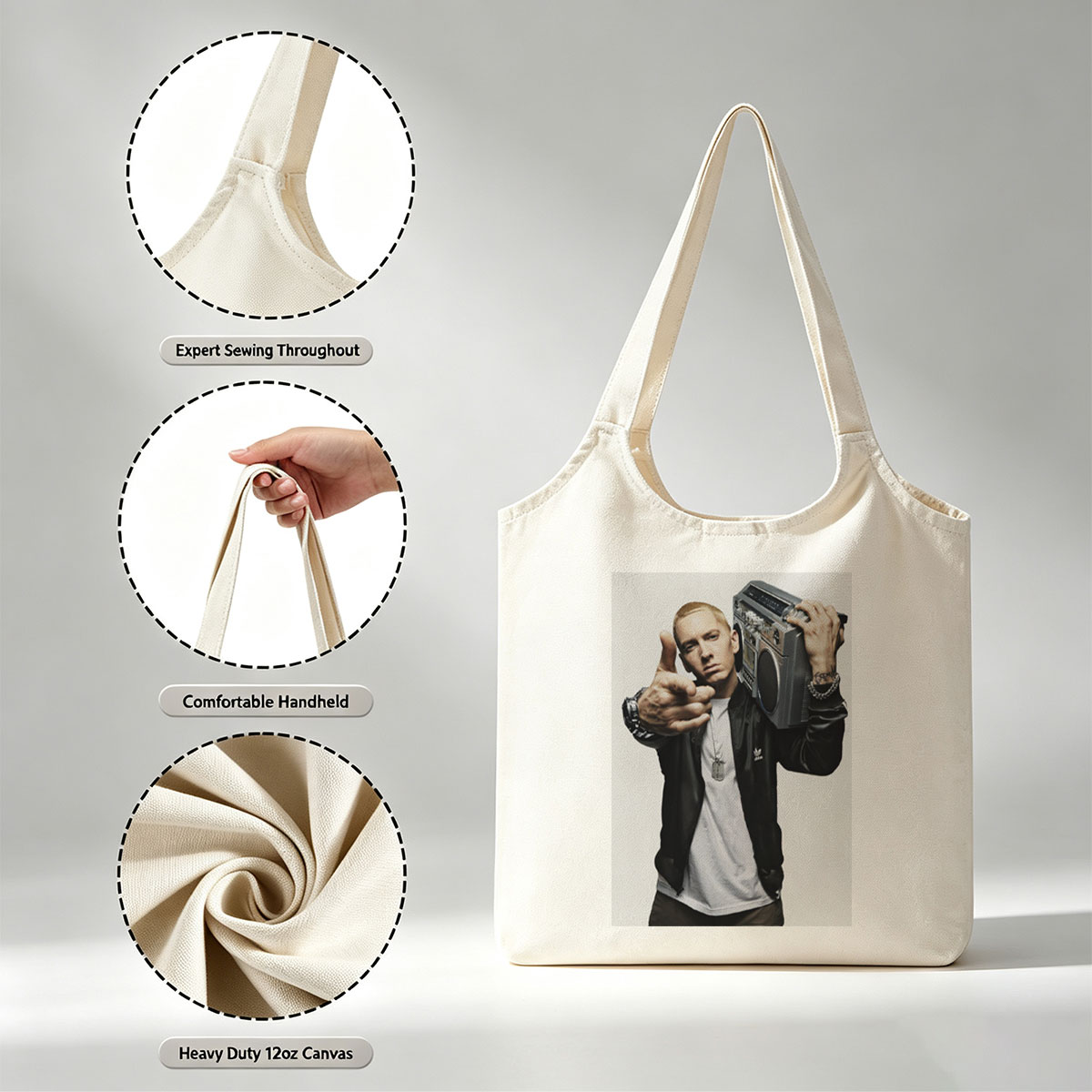 Eminem Holding Boombox Pointing at Camera in Iconic Pose - Canvas shoulder bags/