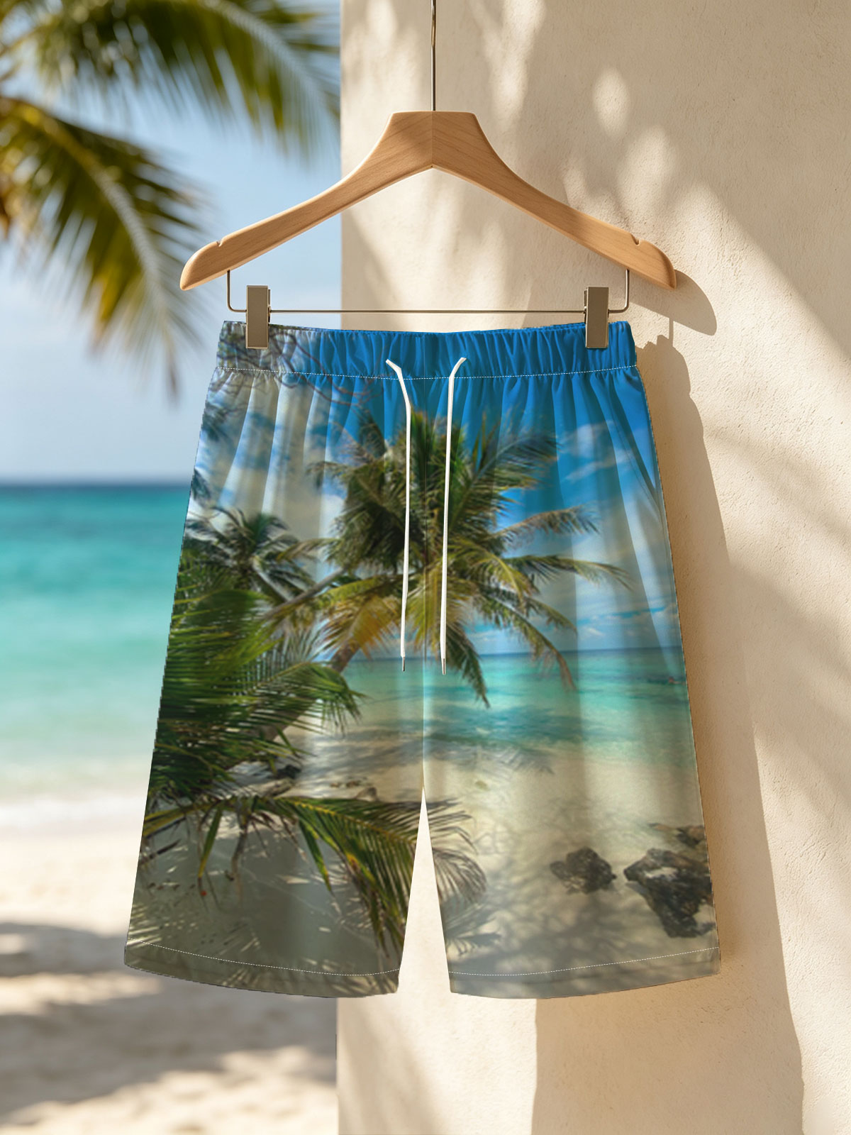 Tropical Beach with Palm Trees and Crystal Clear Water -  Beach shorts