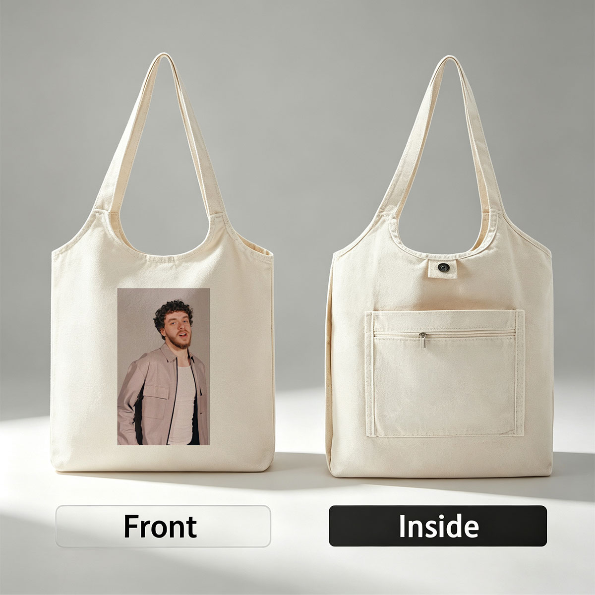 Jack Harlow in a Stylish Pose Wearing a Beige Jacket Over a White Shirt Against a Neutral Background - Canvas shoulder bags/