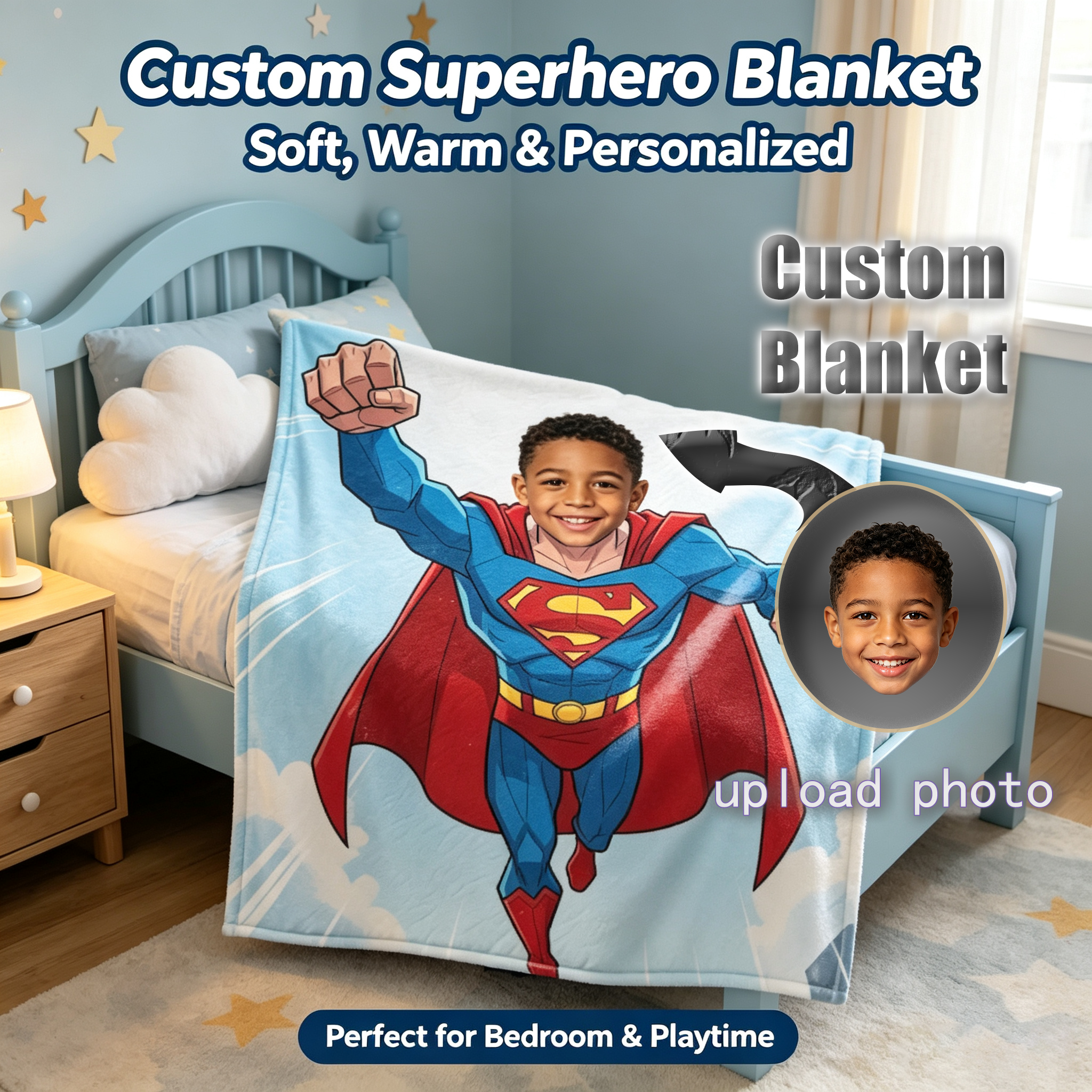 Customized Superhero Blanket With Kid Photo, Personalized Superman Flannel Throw Blanket, Custom Upload Image, Birthday Xmas Present for Little Boys Bedroom Sofa Travel
