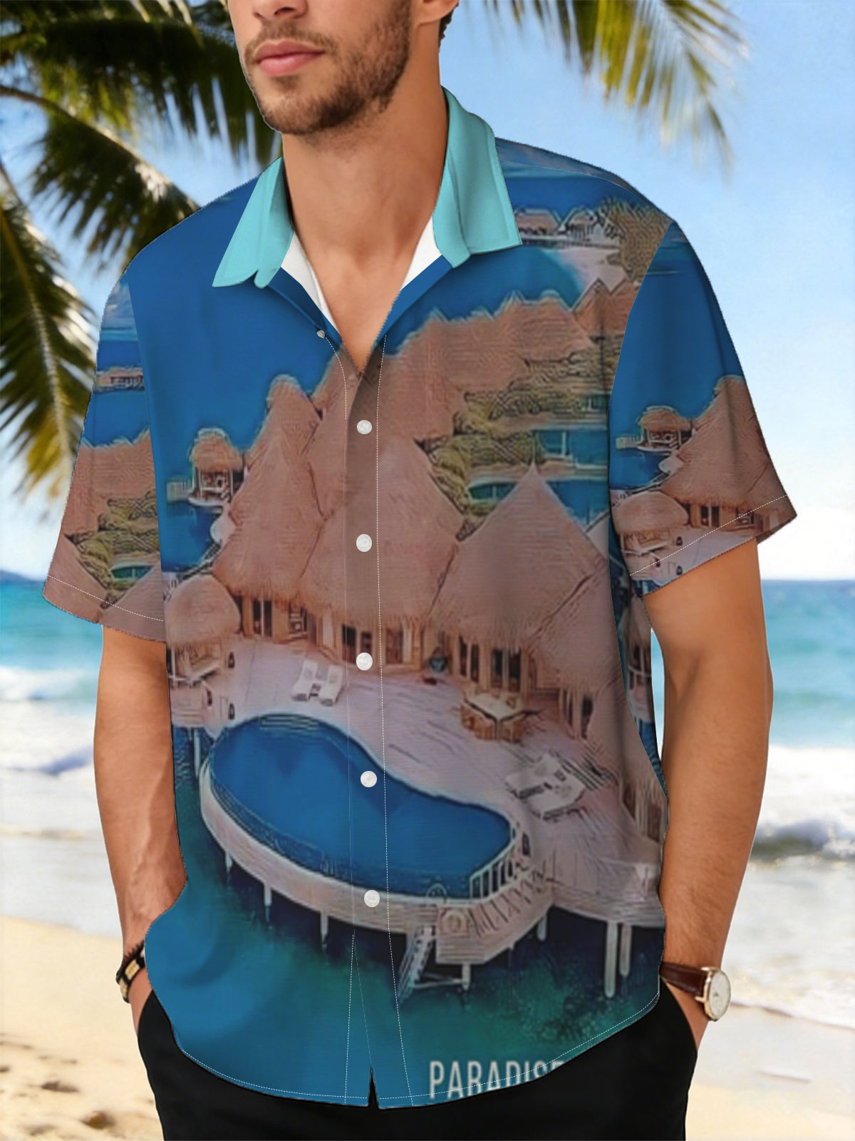 Overwater bungalows with private pools on a tropical island, surrounded by crystal blue waters and lush greenery. -  Shirt