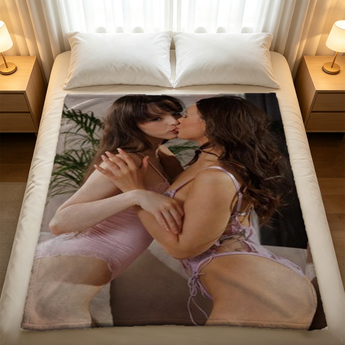 Nude Asian woman smiling against rock formation on beach - Blanket
