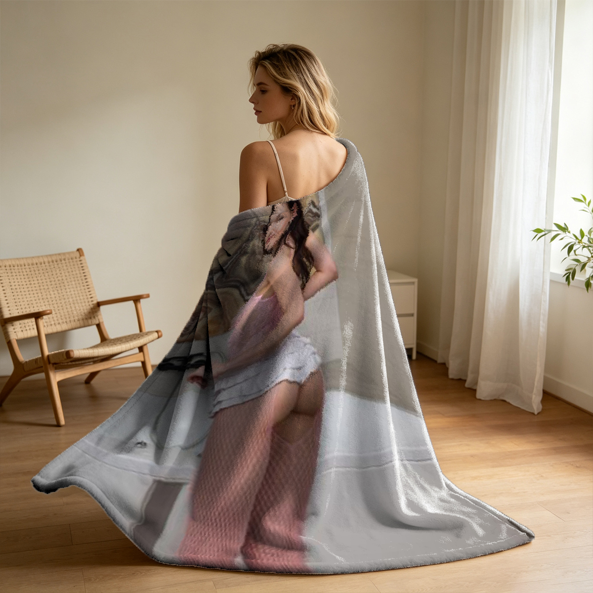 A woman teasing her naked ass with a black feather tickler on a bed. - Blanket