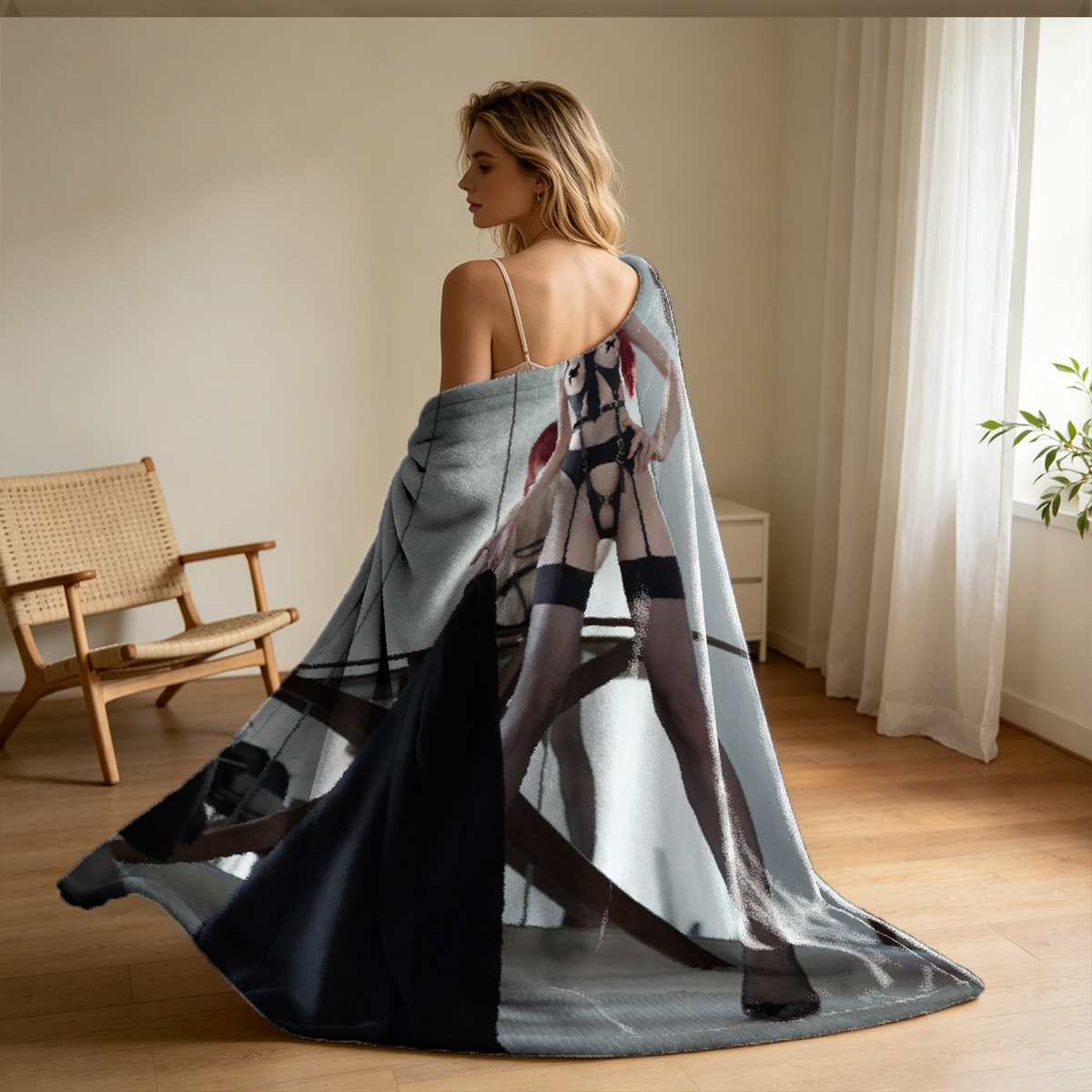 Sultry Portrait of a Bare-Shouldered Beauty in Black Lace Lingerie - Blanket