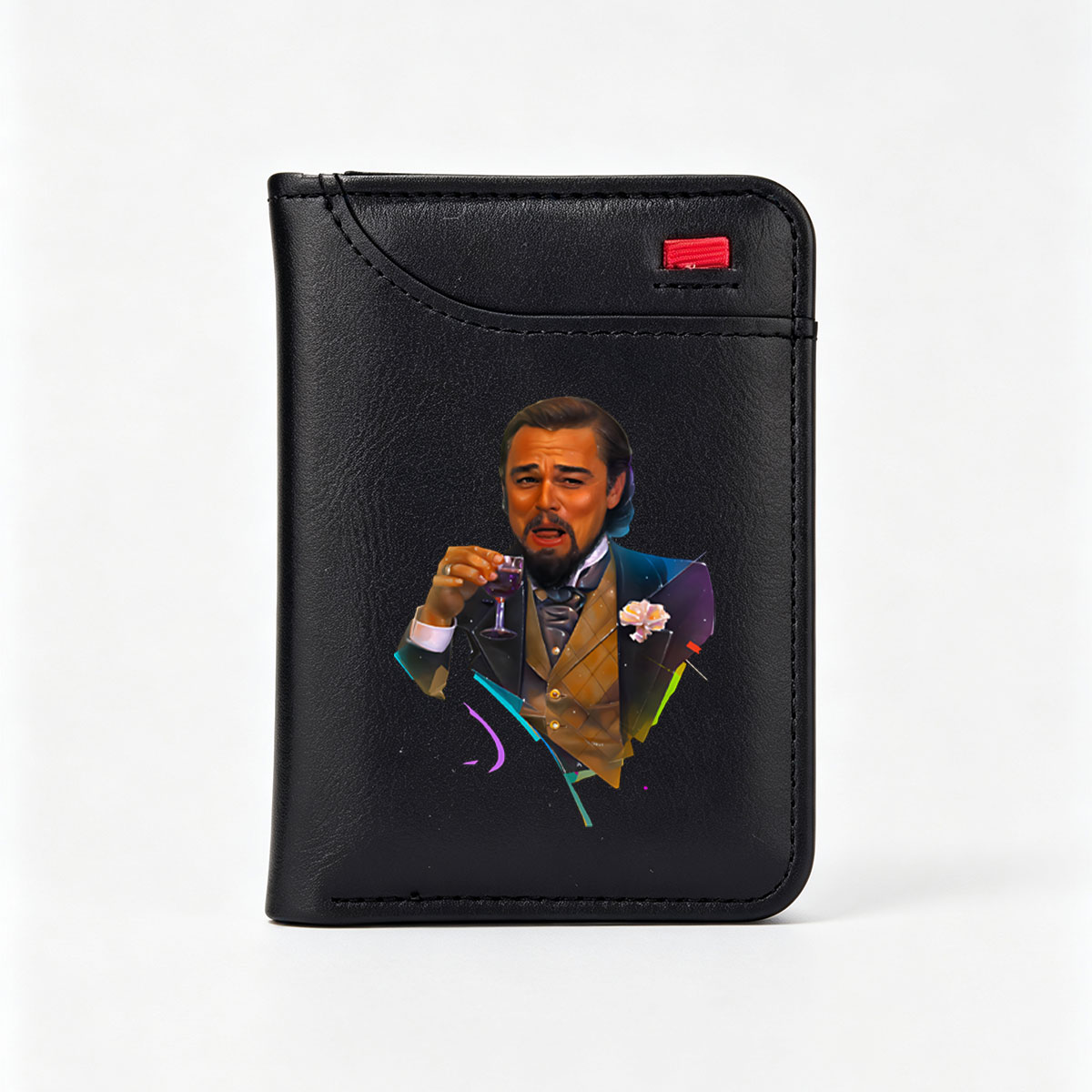 Leonardo DiCaprio in a stylish suit holding a wine glass, artistic portrait with vibrant colors and abstract elements - Vertical Style Wallet