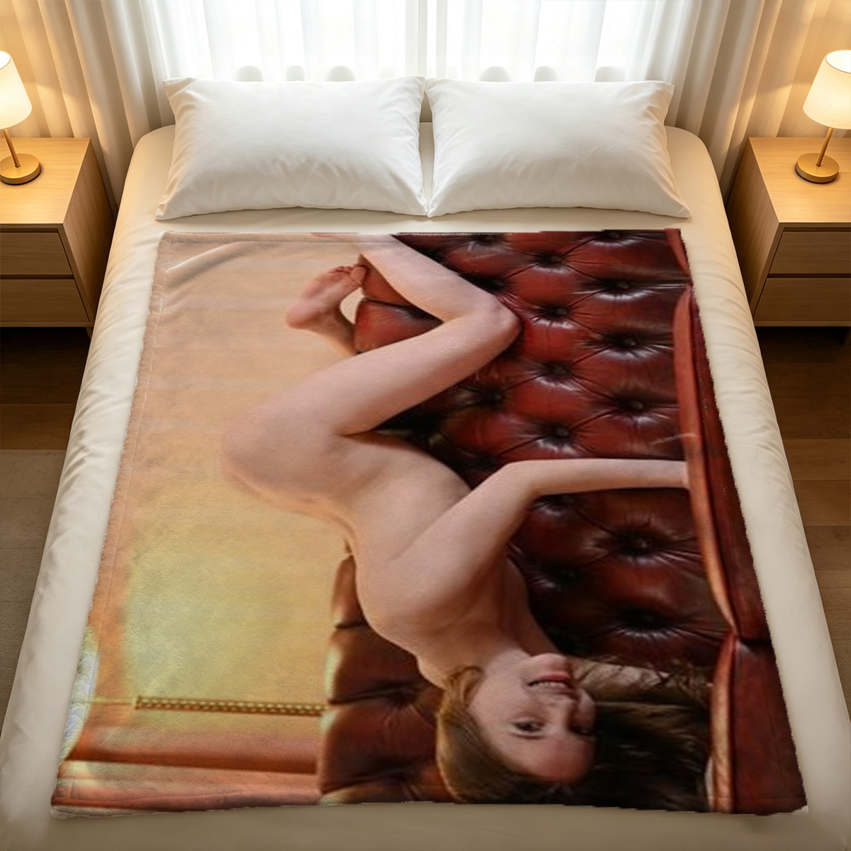 Blonde in black lace lingerie sitting on marble floor. - Blanket