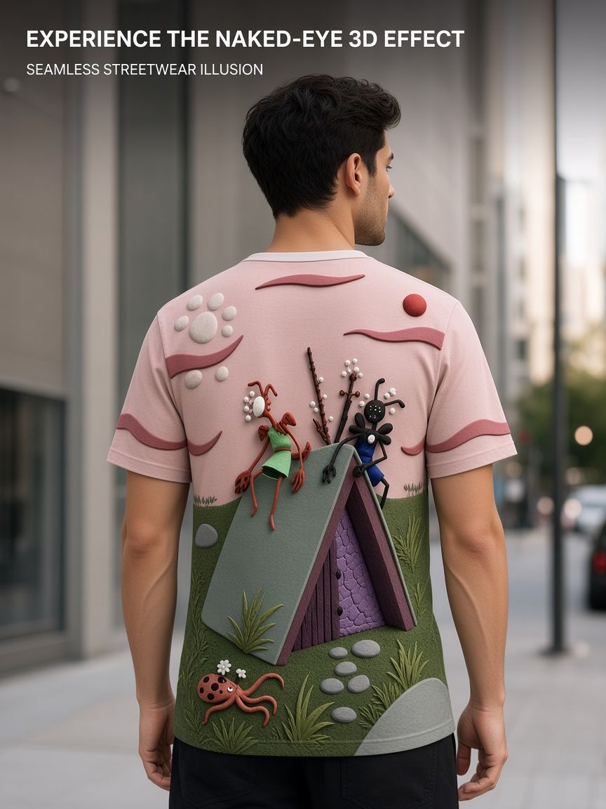 Whimsical Clay Insect Cottage 3D Optical Illusion Graphic Tee Breathable Athletic Mesh T-Shirt Casual Sports Wear