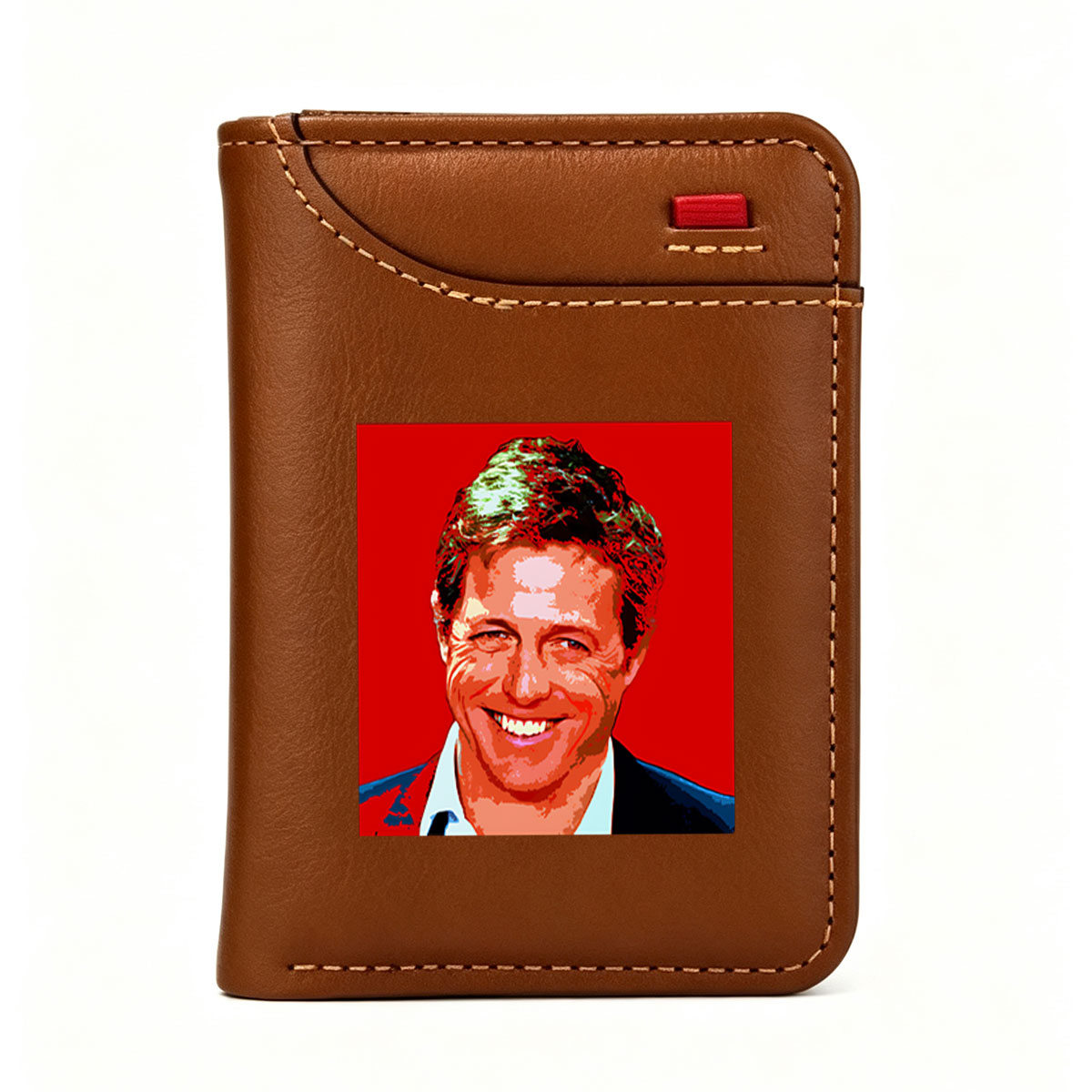 Hugh Grant in a vibrant, stylized portrait with bold red background and pop art effect. - Vertical Style Wallet
