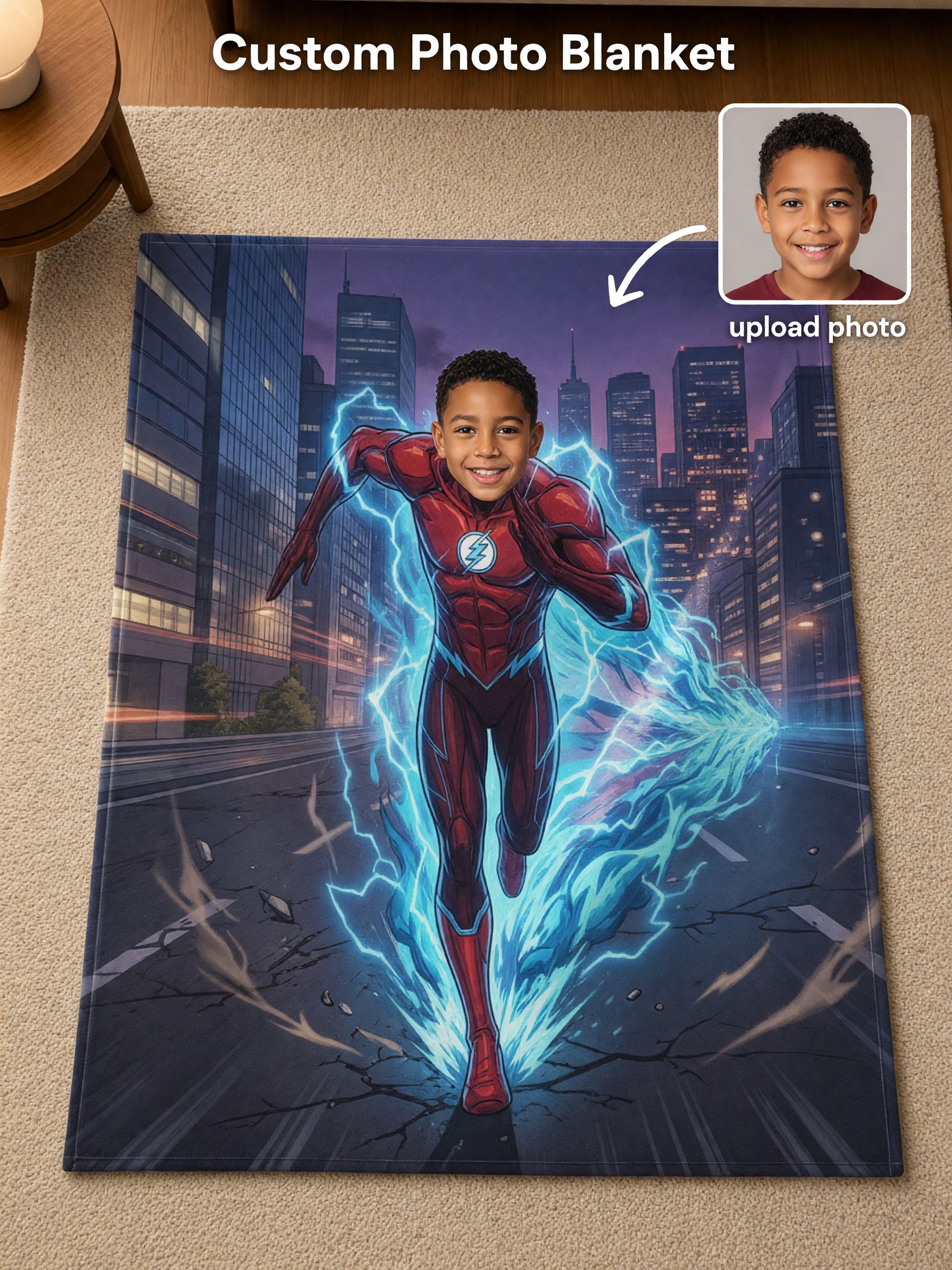 Personalized Superhero Face Photo Blanket Custom Flannel Fleece Throw Soft Hypoallergenic Bed Couch Bedding Gift