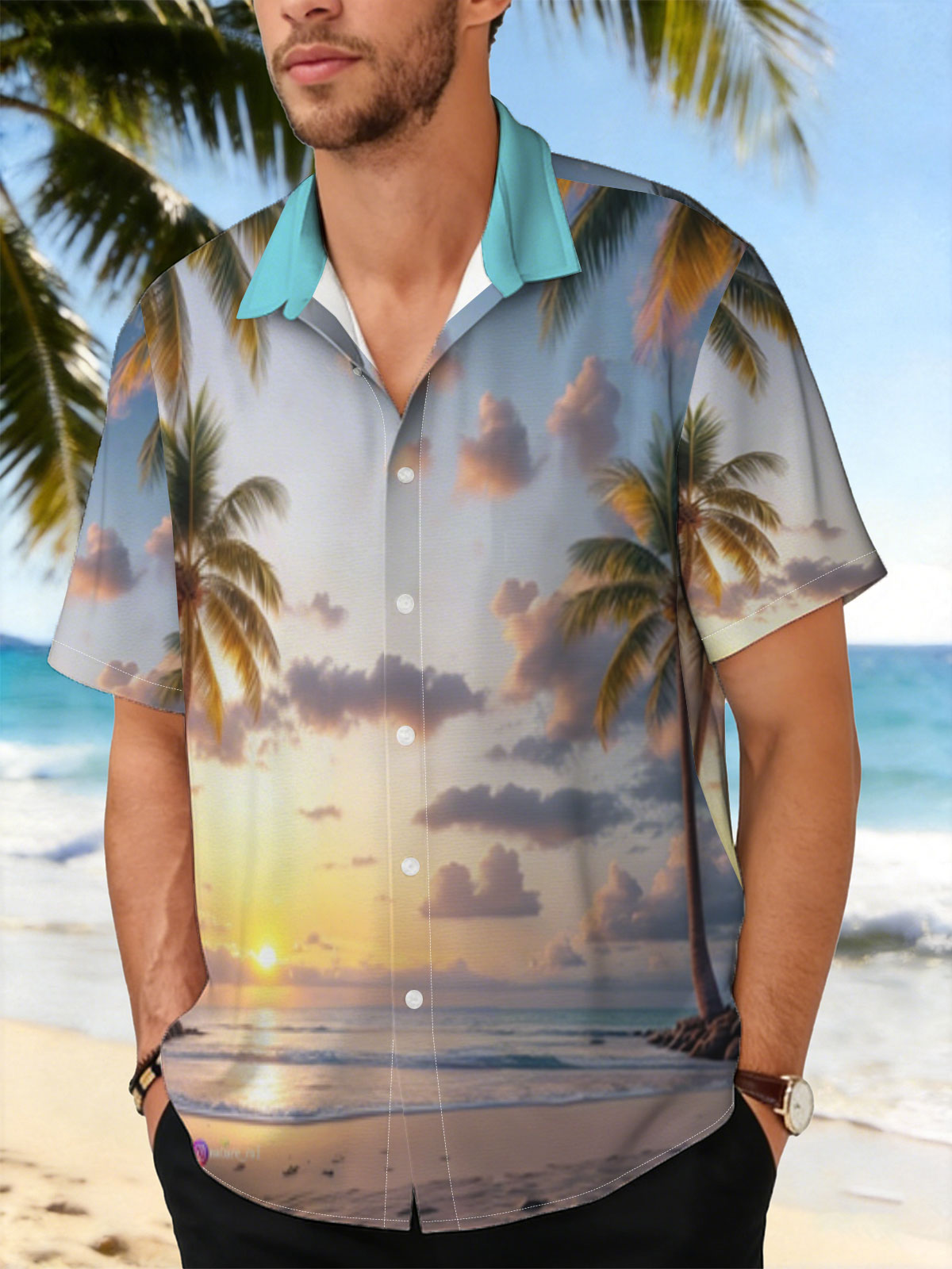 Tropical Sunset Beach with Palm Trees and Calm Ocean -  Shirt