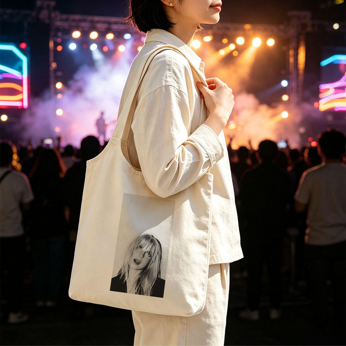 Bebe Rexha in a striking black and white portrait with tousled blonde hair and bold expression - Canvas shoulder bags/