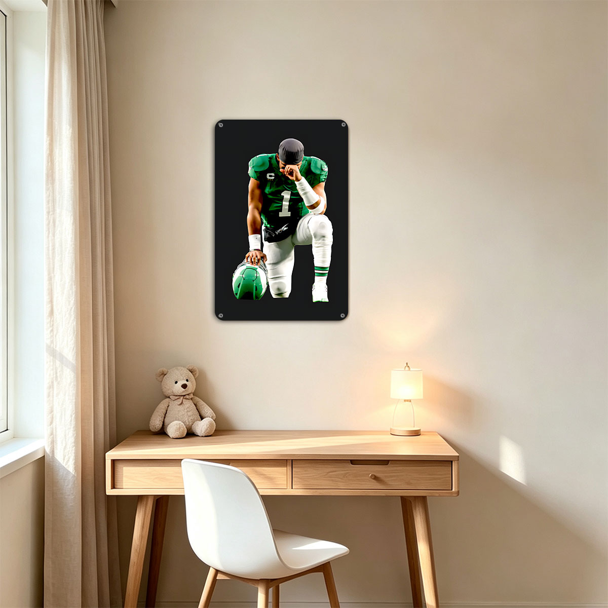 Quarterback in Green Jersey with Number 1, Holding Helmet, Kneeling Pose - painting