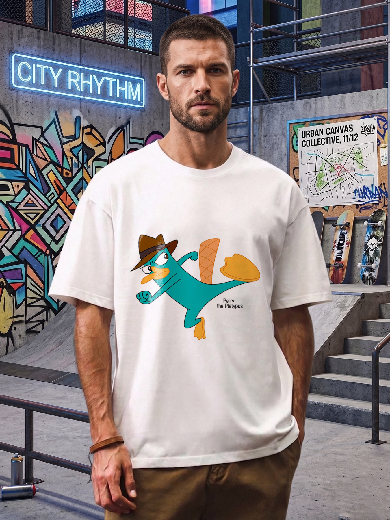 Men's Printed T-Shirt Featuring Blue Duck with Hat and Dynamic Pose - Casual Round Neck Summer Lightweight Breathable Short Sleeve T-Shirt for Outdoor Activities, Daily Wear, and Fun Outings - Ideal for Adults Who Love Cartoon Style and Humorous Designs
