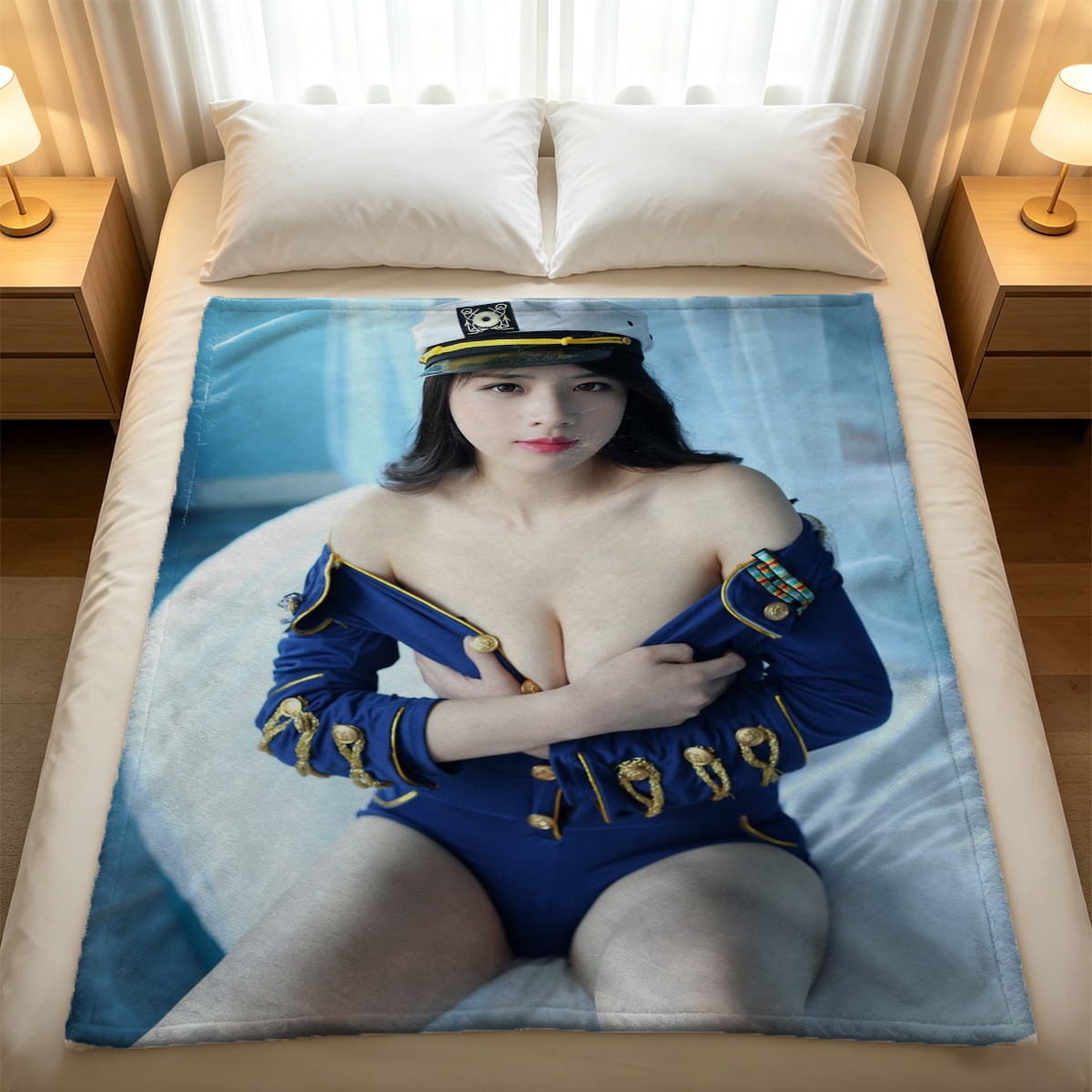 Brunette in yellow dress and glasses posing on wooden chair. - Blanket