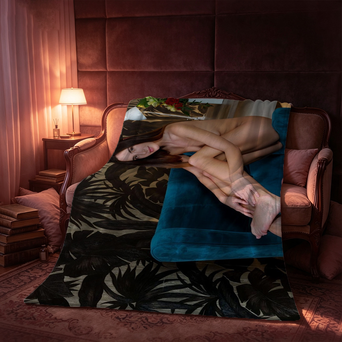 Emma Watson in red lace lingerie on bed - Blanket