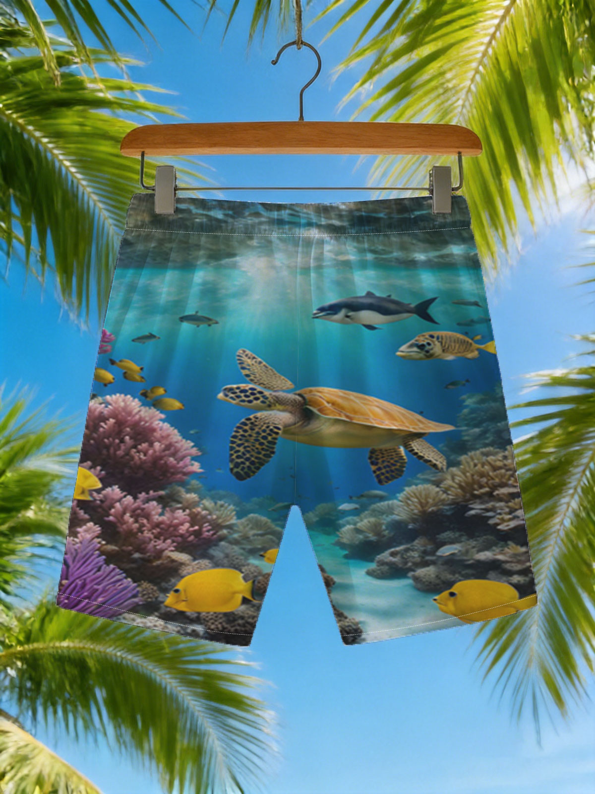 Colorful Coral Reef with Sea Turtle and Fish -  Beach shorts