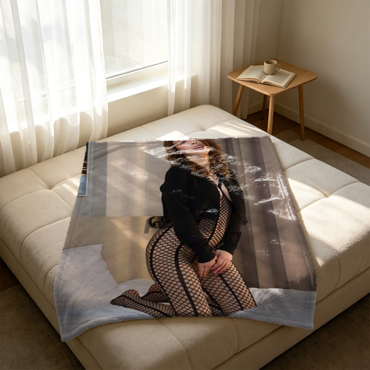 Nude blonde in beige lingerie and stockings undressing in vintage room. - Blanket