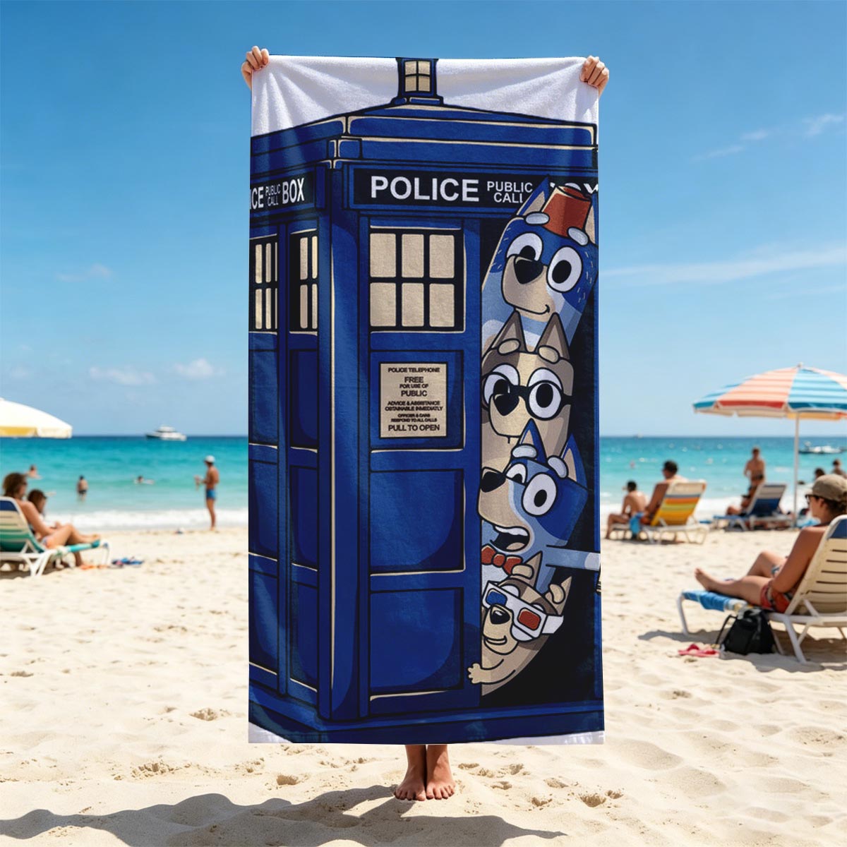 Bluey and Family in the TARDIS: A Whimsical Time Travel Adventure - Beach towels
