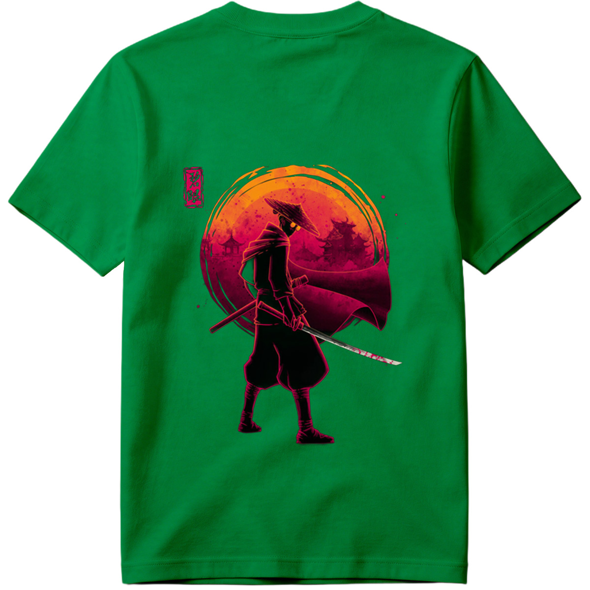Samurai Warrior with Bloodied Sword Against Crimson Moon - Tee
