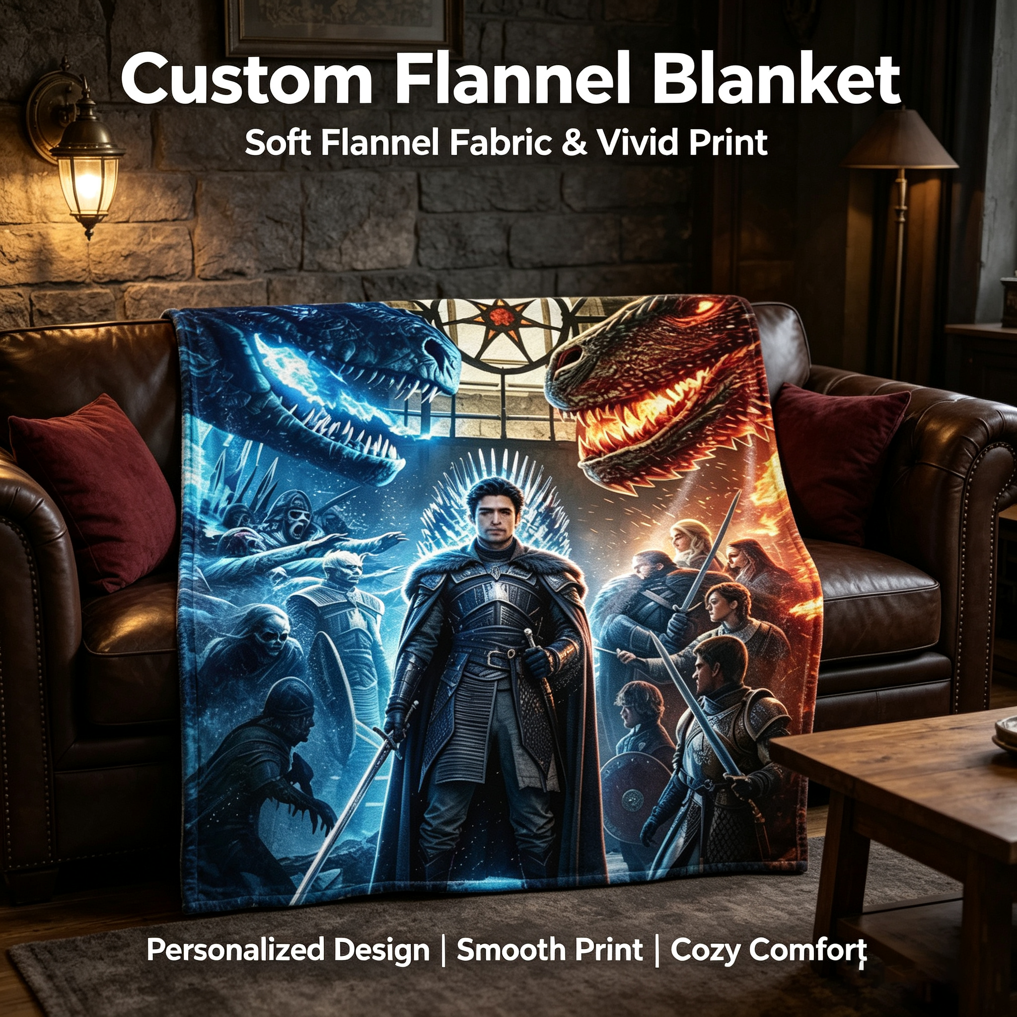 Custom Face Blanket Game of Thrones Iron Throne Dragon King Flannel Blanket Cozy Living Room Bedding Gift for Fans and Collectors