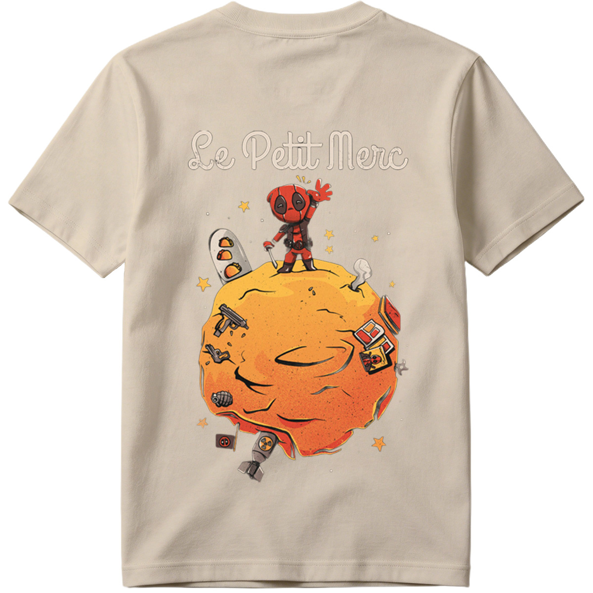 Deadpool on a Planet with Weapons and Space Items - Tee