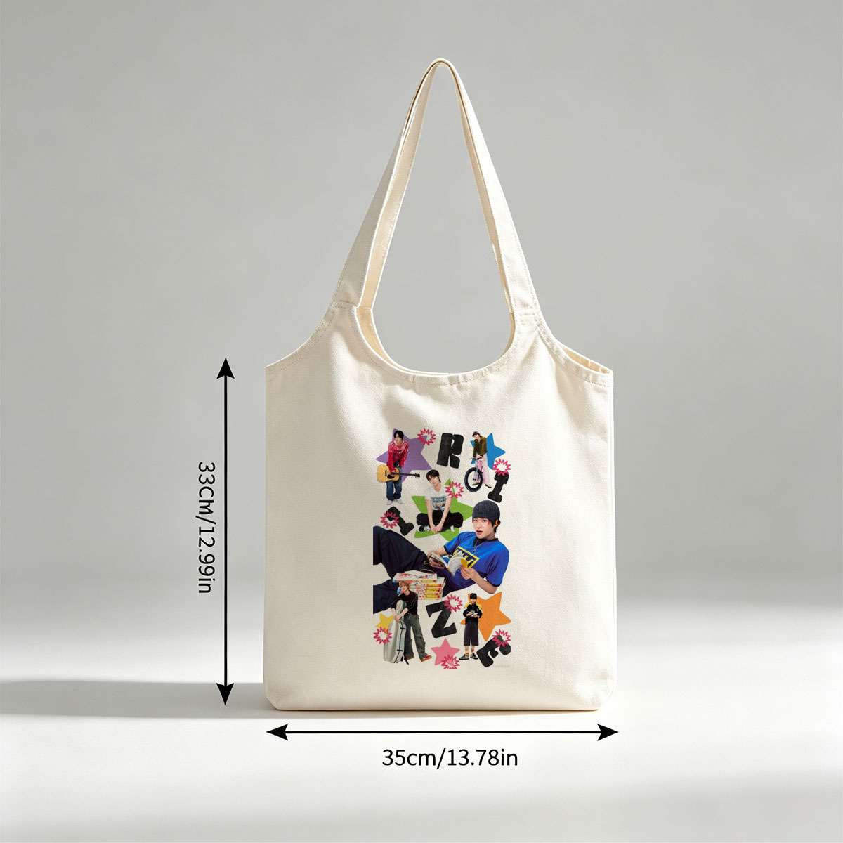 RIIZE Members in Casual Moments Reading, Playing Guitar, and Riding Bike with Vibrant Star Background - Canvas shoulder bags/
