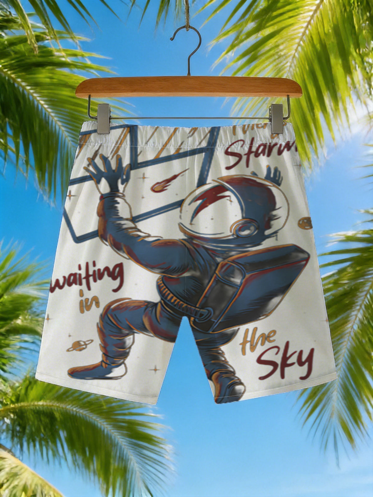 Starman in Space: Astronaut Reaching for Window, Cosmic Scene with Planets and Stars -  Beach shorts