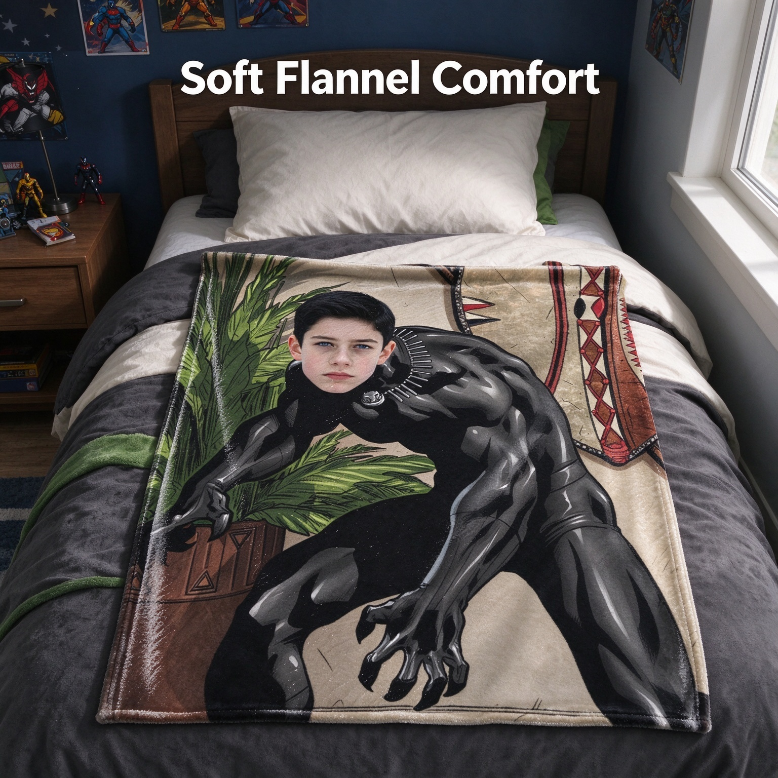 Custom Face Blanket Personalized Photo Comic Warrior Flannel Throw Ultra Soft Cozy Gift for Boys and Kids