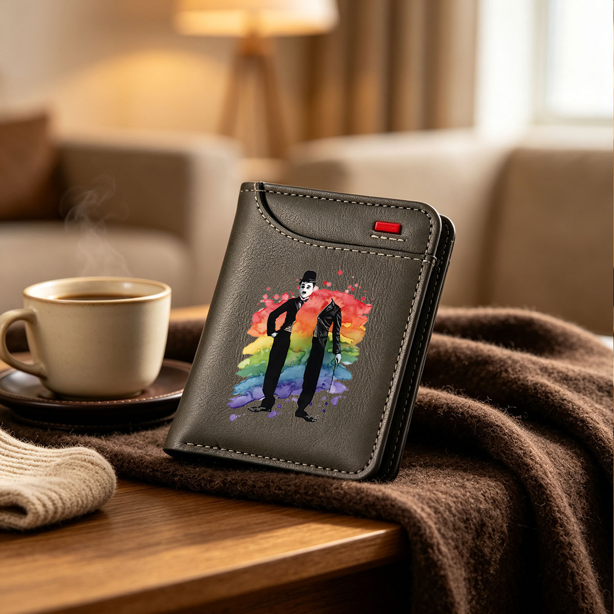 Buster Keaton and a Dapper Gentleman in a Rainbow Watercolor Background - Vertical Style Wallet