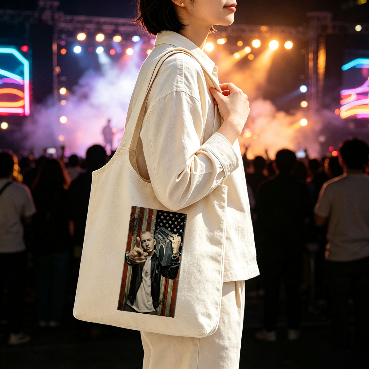 Eminem Holding Boombox Pointing at Camera Against American Flag Background - Canvas shoulder bags/