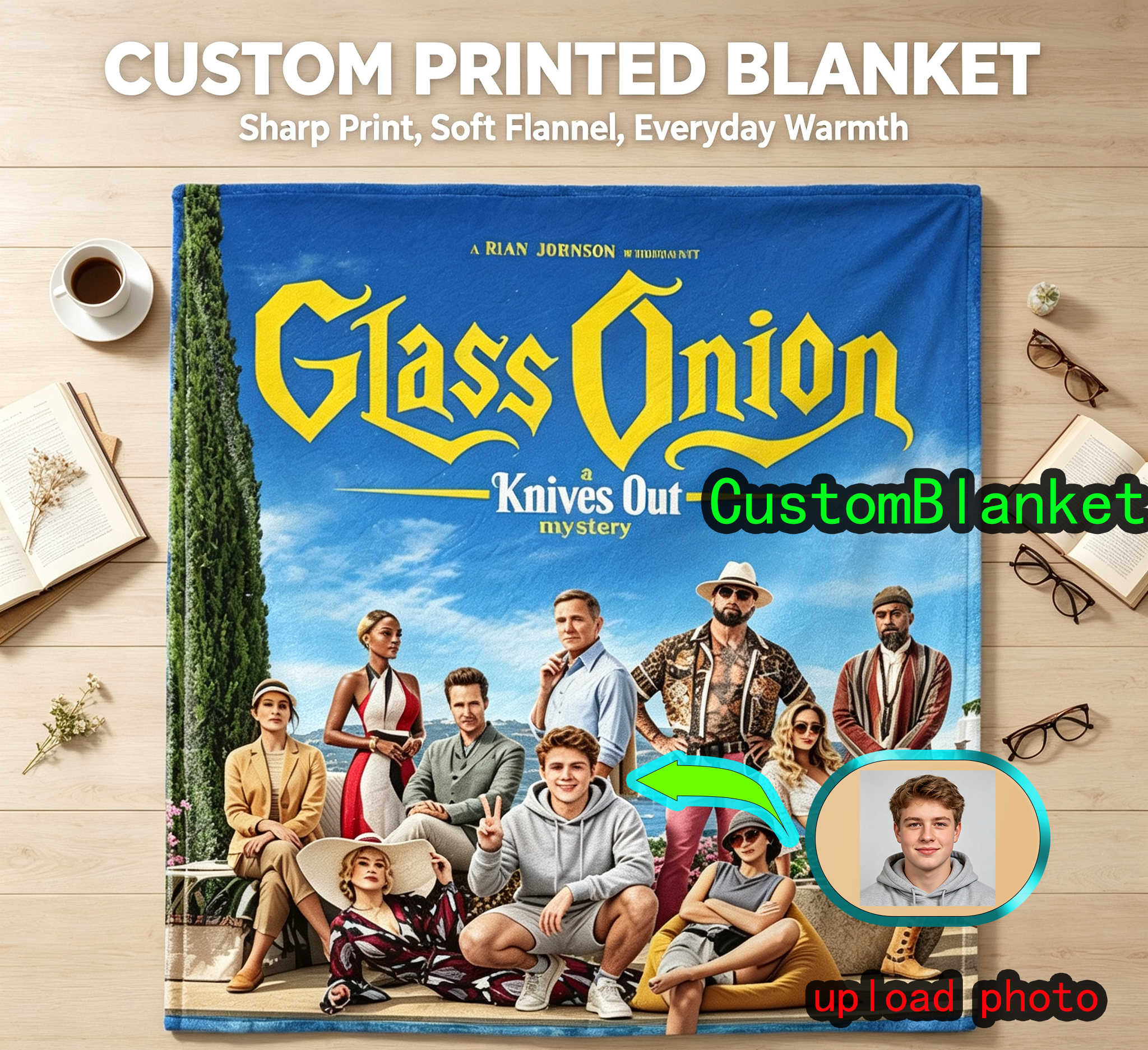 Custom Face Blanket Glass Onion Knives Out Mystery Flannel Blanket Movie-Themed Cozy Throw Perfect for Fans of Rian Johnson Films Ideal Gift or Giveaway for Cinema Lovers