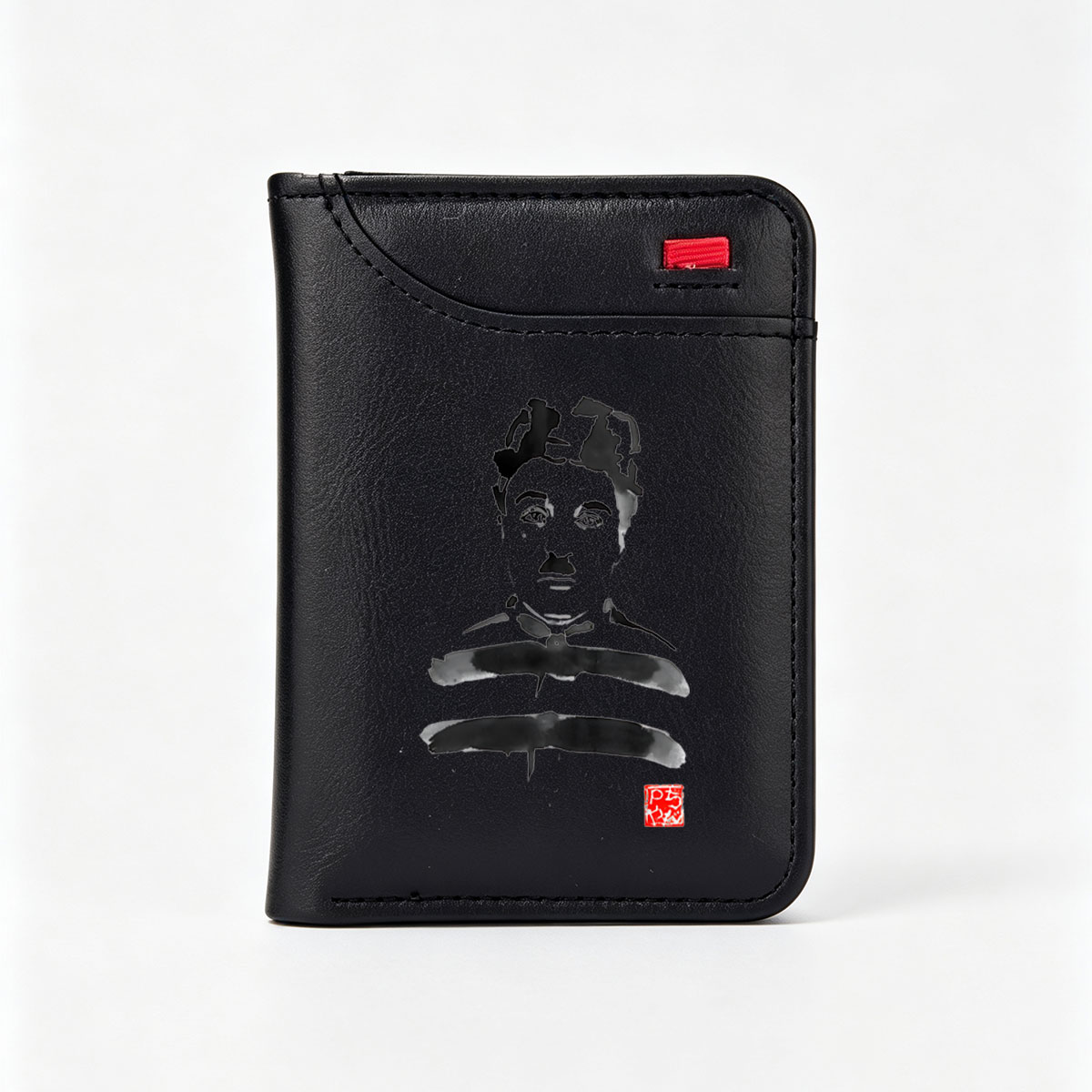 Abstract Ink Portrait of a Figure with Traditional Attire and Red Seal - Vertical Style Wallet
