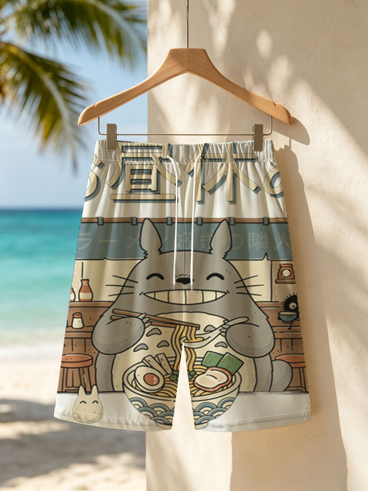 Totoro Enjoying Ramen at a Noodle Shop -  Beach shorts