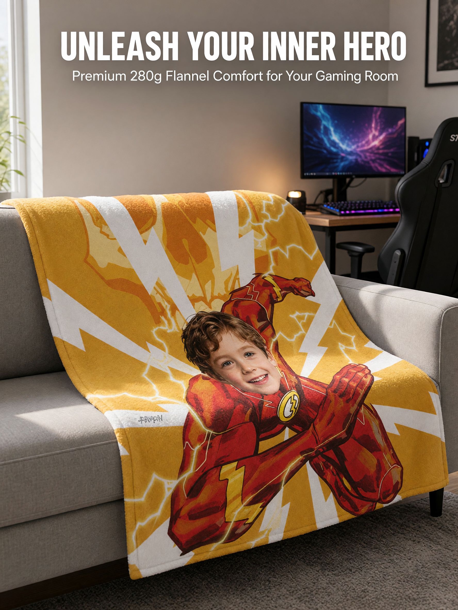 Personalized Superhero Face Photo Blanket, Custom Flannel Fleece Throw, Cozy Lightning Hero Keepsake Gift for Kids