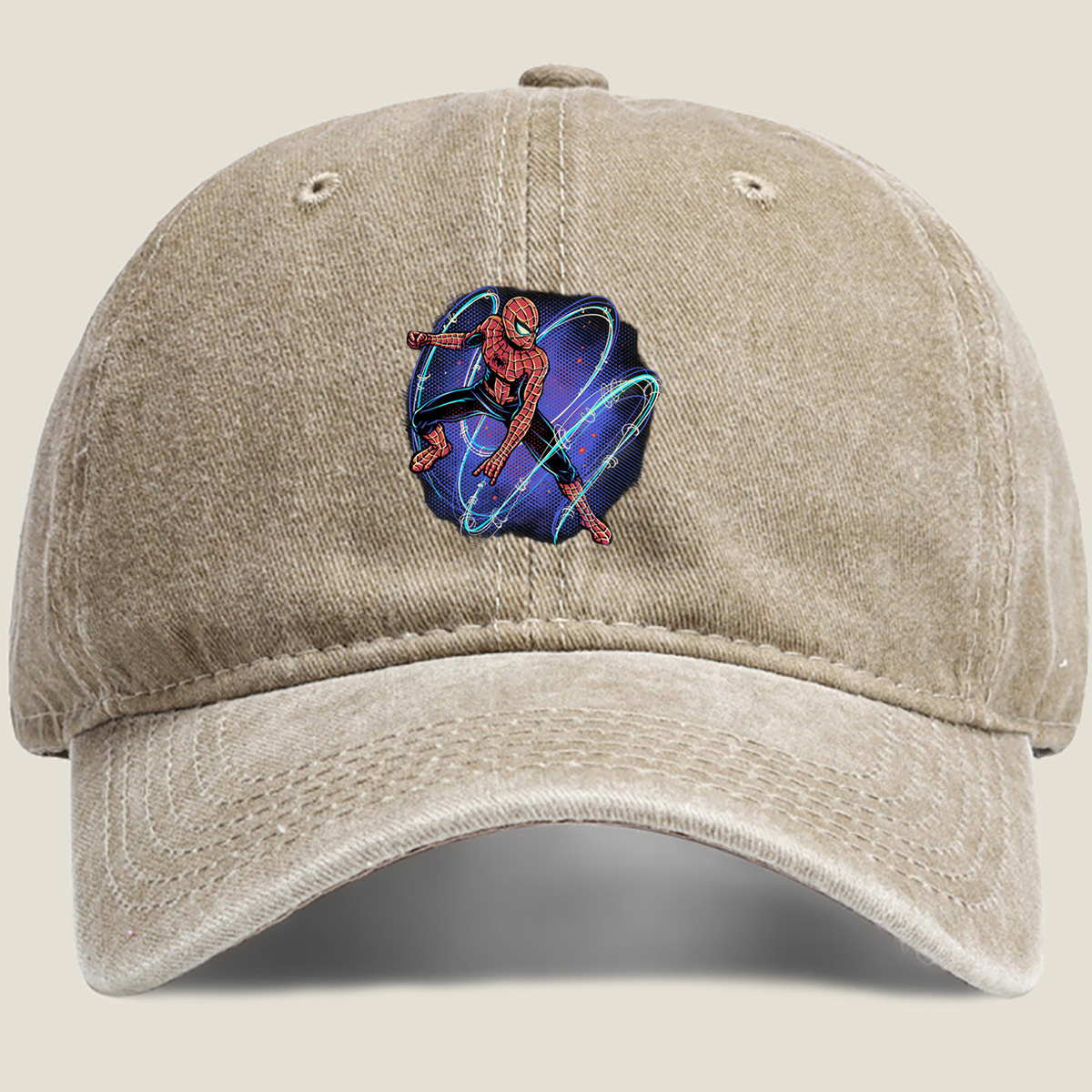 Spider-Man in Action with Dynamic Web Swirls - Washed Denim - Baseball Cap