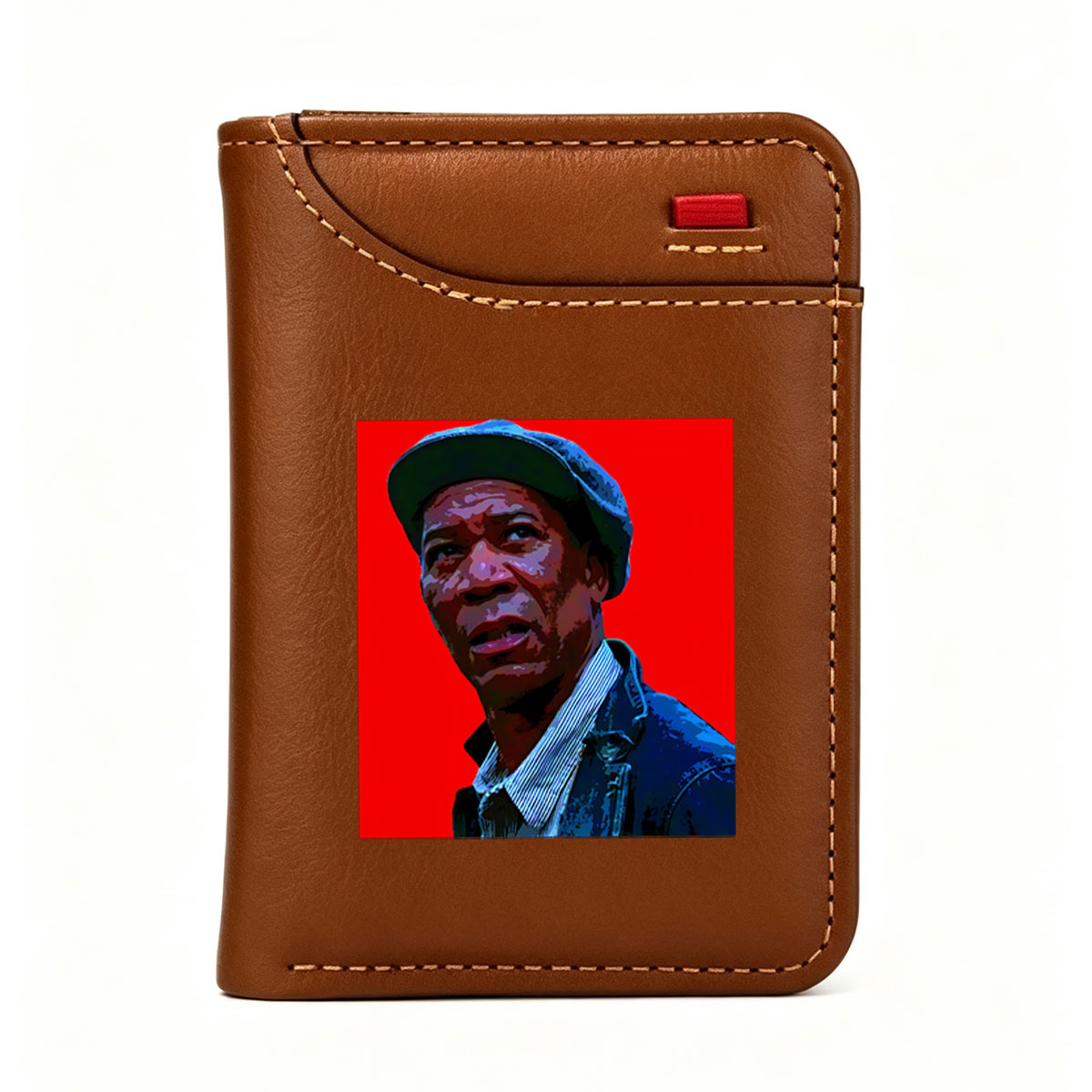 Morgan Freeman in a blue cap and jacket against a red background - Vertical Style Wallet