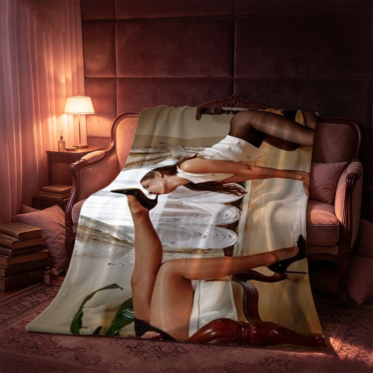 Two Beauties Sharing a Grape in Seductive Embrace - Blanket
