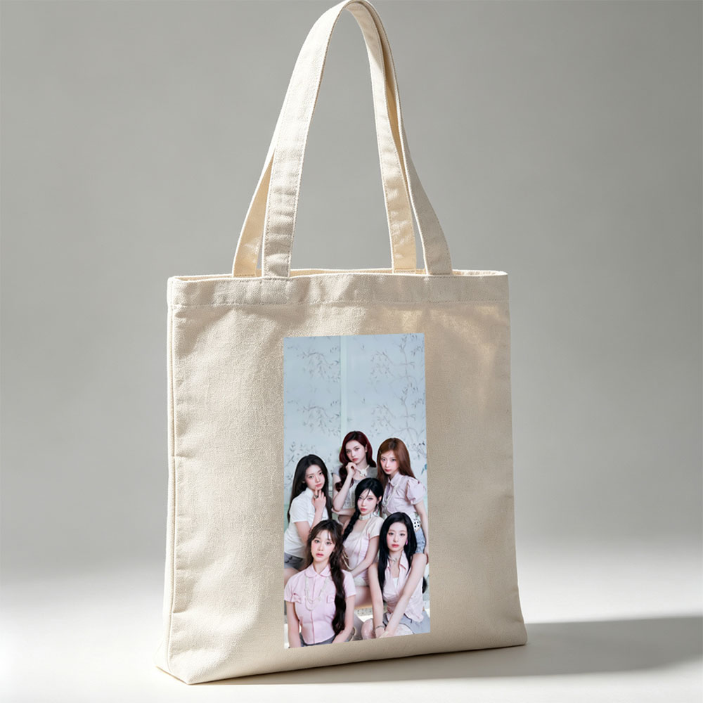 NMIXX Group Portrait in Elegant Pink Outfits Against Floral Background - Canvas tote bags