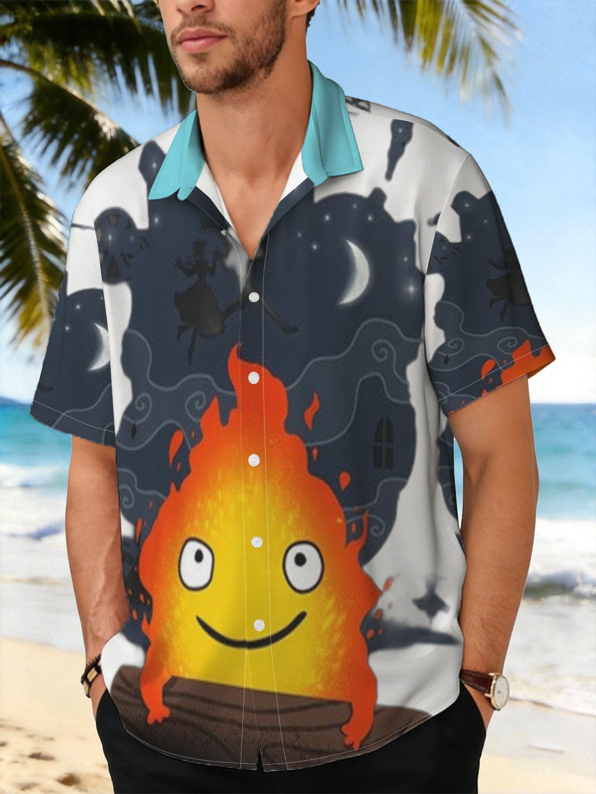 Cute Flame Character with Night Sky and Witch Silhouette Background -  Shirt