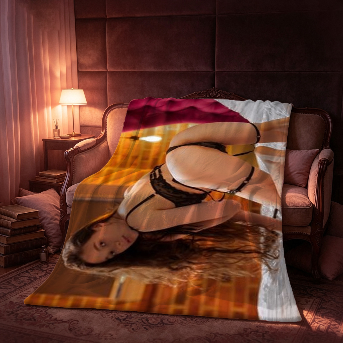 Blonde Woman in White Lingerie Posing on Brown Leather Couch - Blanket