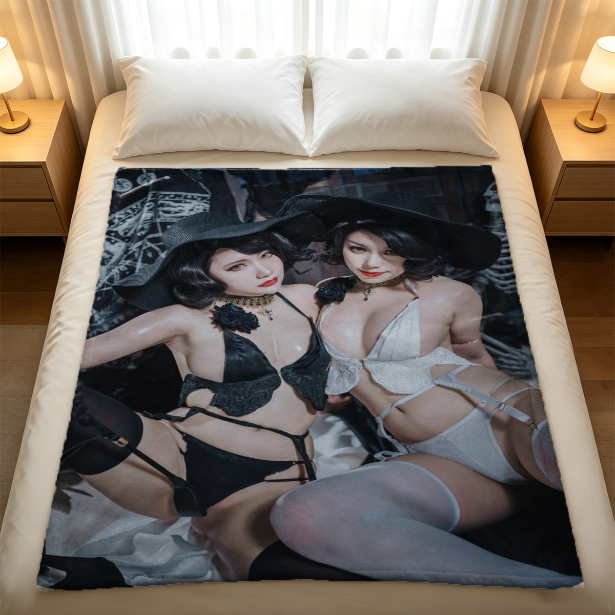 A young Asian woman in black lingerie pulling down her bra on a bed. - Blanket