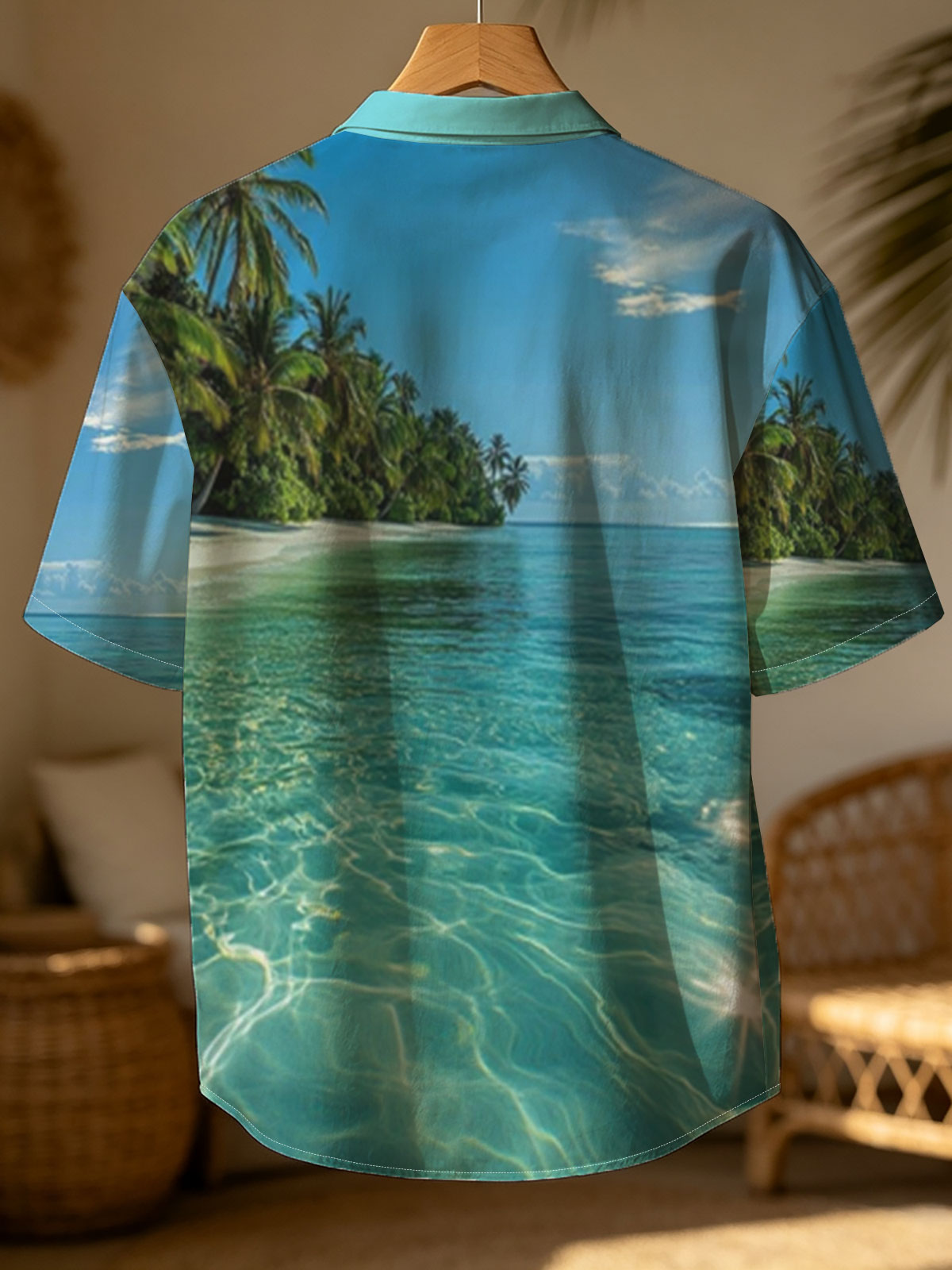 Crystal-clear turquoise waters meet a pristine white sand beach lined with lush palm trees under a bright blue sky. -  Shirt