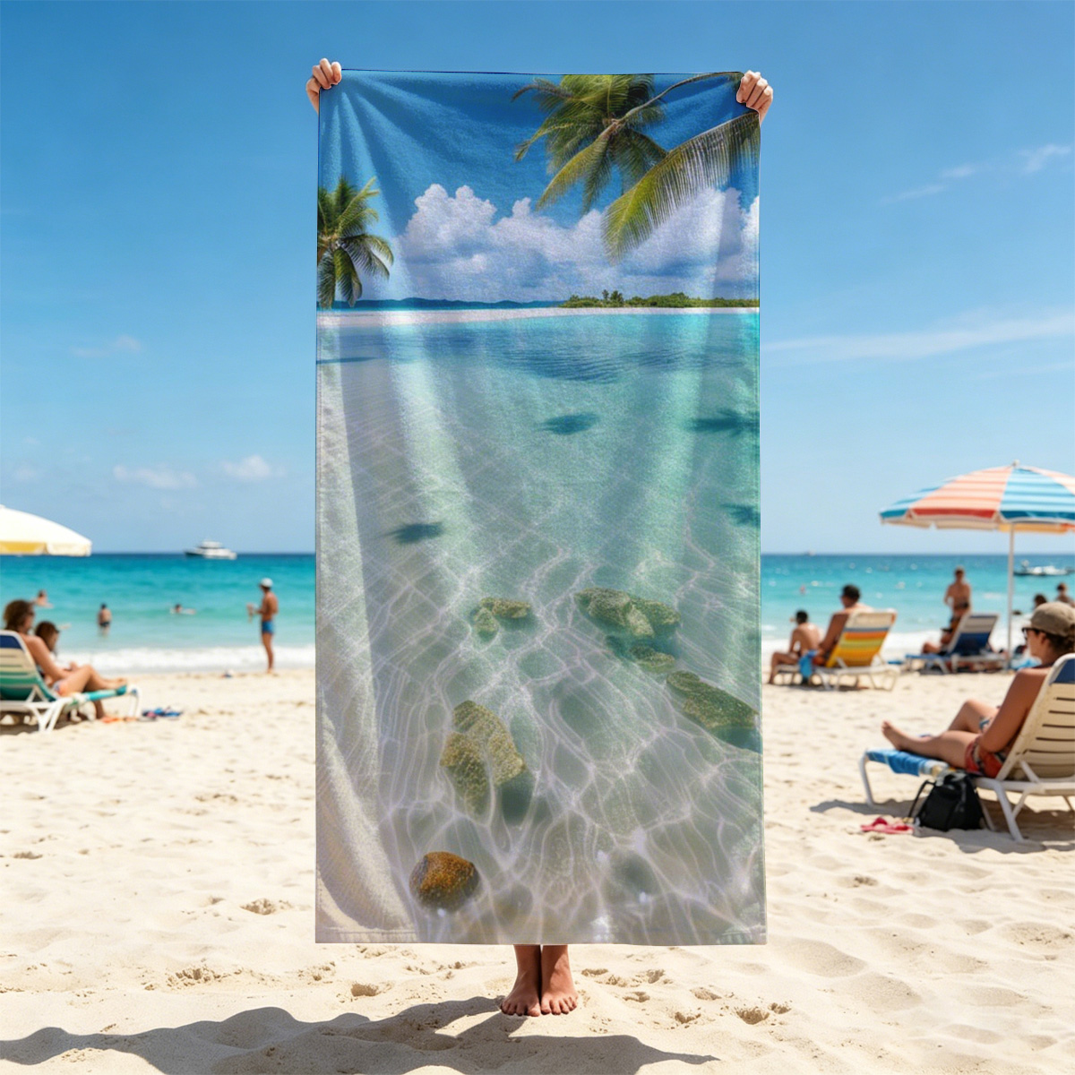 Serene tropical beach with crystal clear water and palm trees - Beach towels