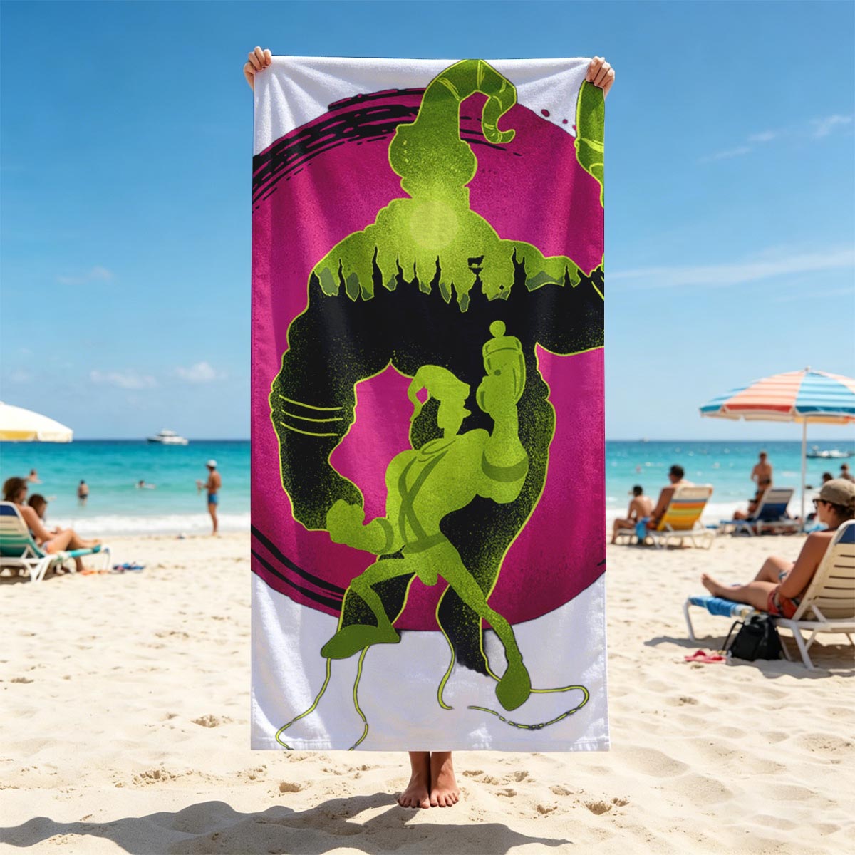Green Goo Wizard and Warrior Duel on Pink Orb Background - Beach towels