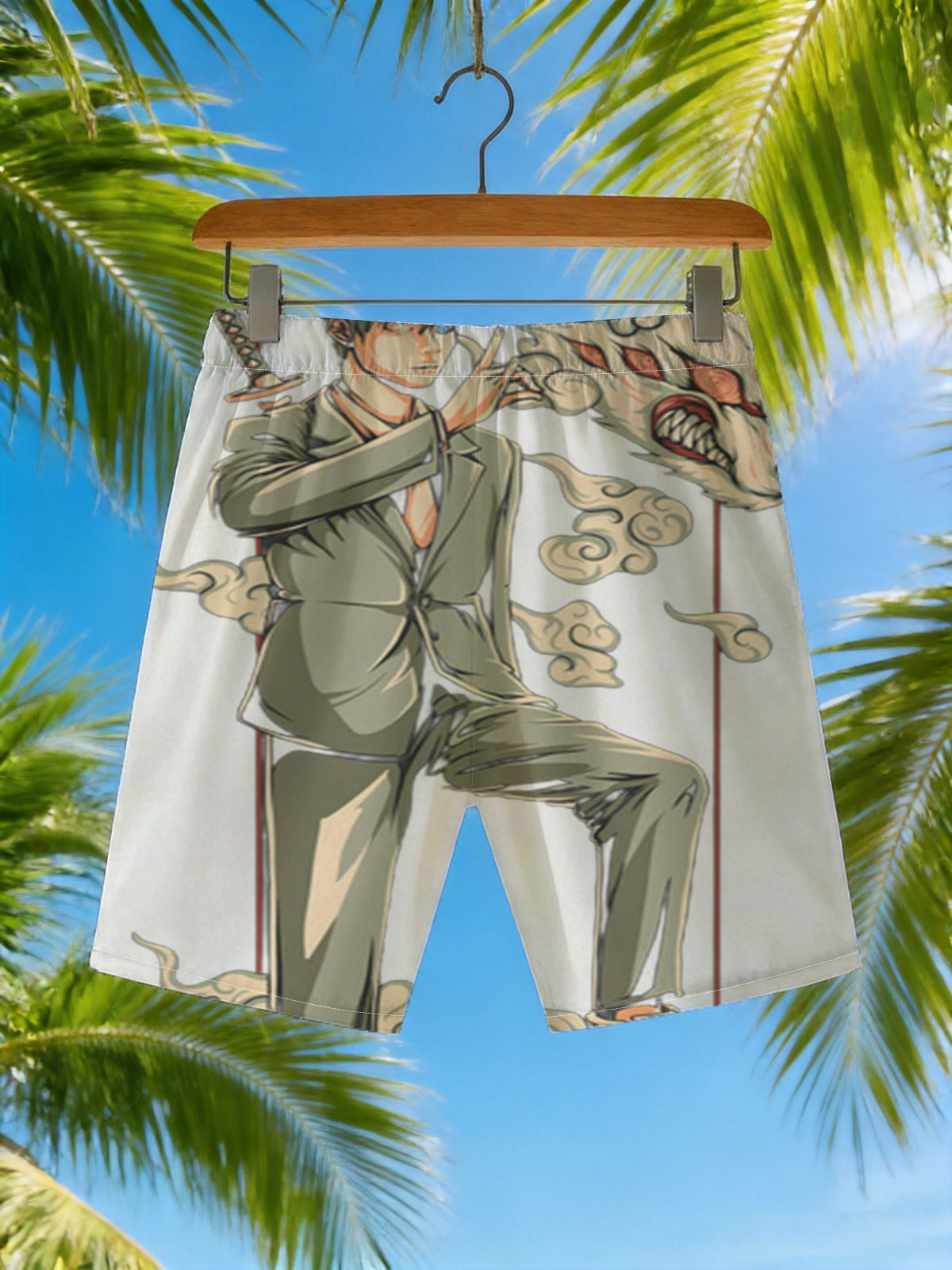 Anime Character with Sword and Fox Spirit, Stylish Suit and Sneakers -  Beach shorts