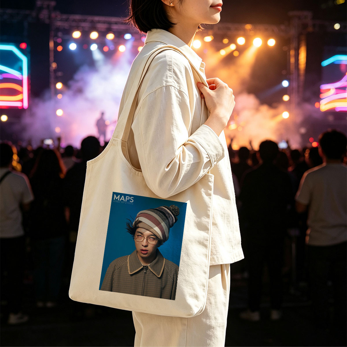 BTS Jungkook in a Stylish Winter Look with Beanie and Checkered Jacket on Blue Background - Canvas shoulder bags/